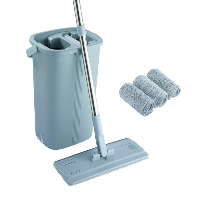 Blue Mop And Bucket Set Microfibre Flat Mop With Stainless Steel Handle