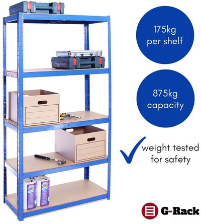 G-Rack Shelving Unit: 180Cm X 90Cm X 40Cm | 3 Bays And A Workbench, Blue 5 Tier Unit