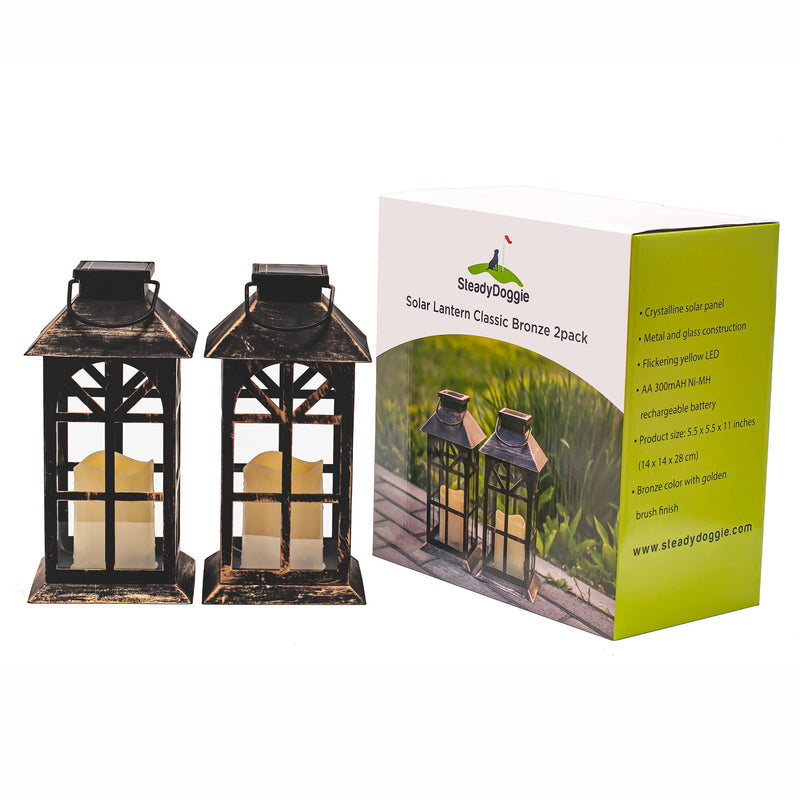 Solar Lantern Classic Bronze 2 Pack - Hanging Solar Lights With Flickering