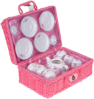Jewelkeeper Porcelain Tea Set For Little Girls With Pink Picnic Basket, Floral Design, 13