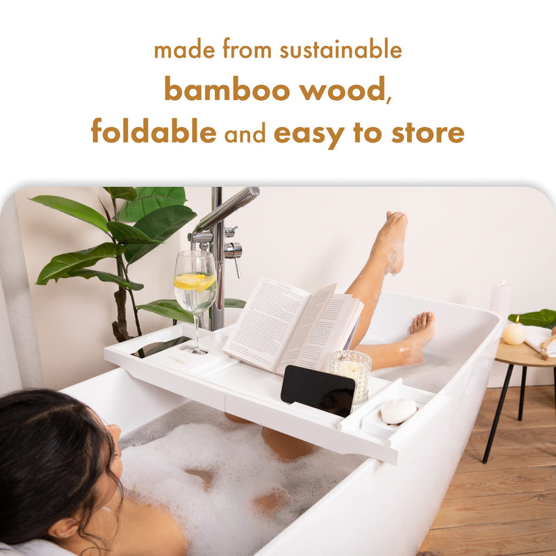 Tranquil Beauty Bath White Caddy  Natural Sustainable Bamboo Bath Tray Bath