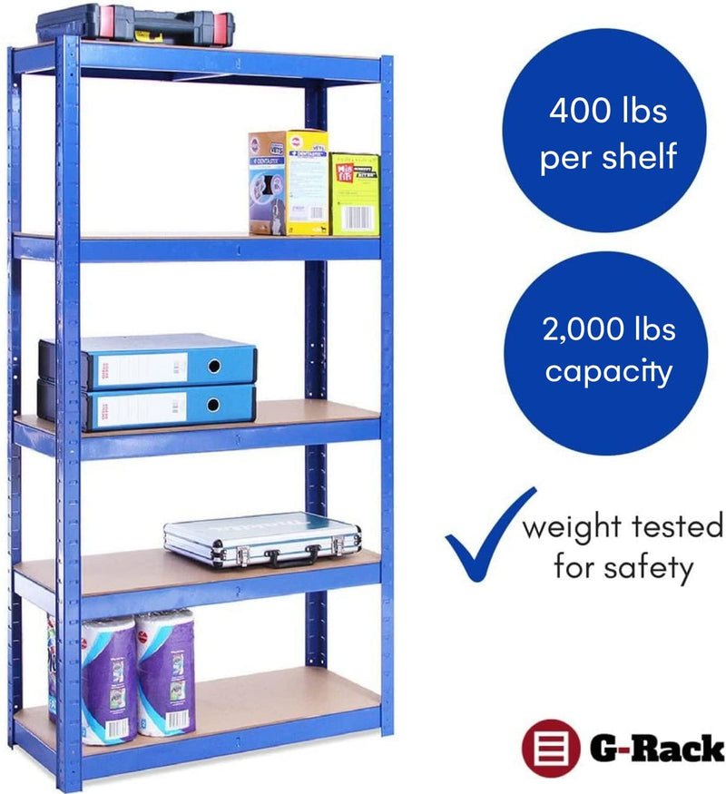 G-Rack Garage Shelving Units- Blue 5 Tier Shelves, Racking For Shed Storage, Workshop