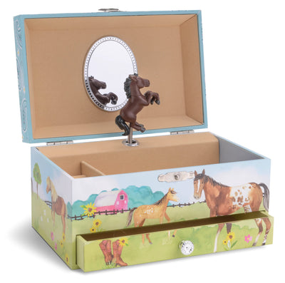 Girl'S Musical Jewelry Storage Box With Pullout Drawer, Horse And Barn Design
