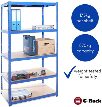 G-Rack Shelving Unit: 180Cm X 90Cm X 60Cm | 2 Bays And A Workbench, Blue 5 Tier Unit
