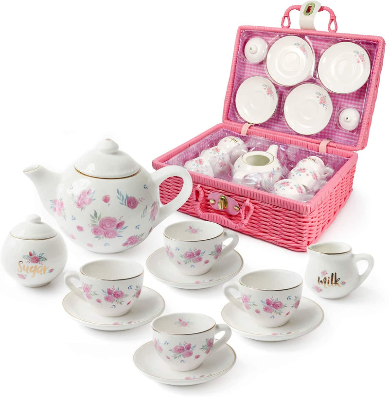 Jewelkeeper Porcelain Tea Set For Little Girls With Pink Picnic Basket, Floral Design, 13