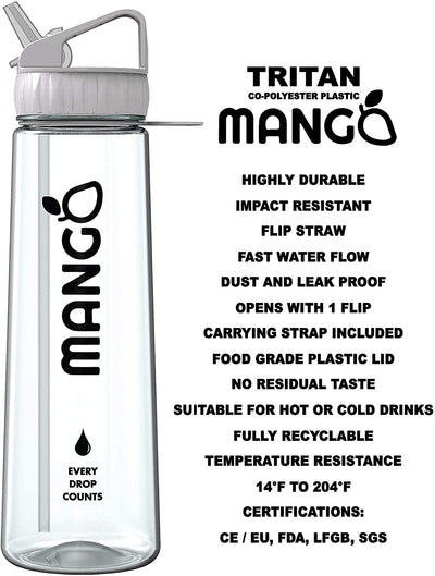 Mango Water Bottle With Straw - 900Ml Motivational Time Markings - Bpa Free Sports Bottles