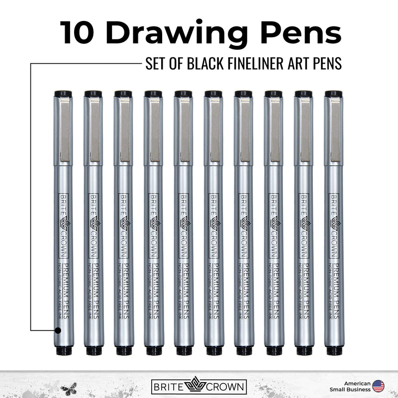 Drawing And Sketching Pens Set - 10 Black Fineliner Pens 02mm To 10mm Width
