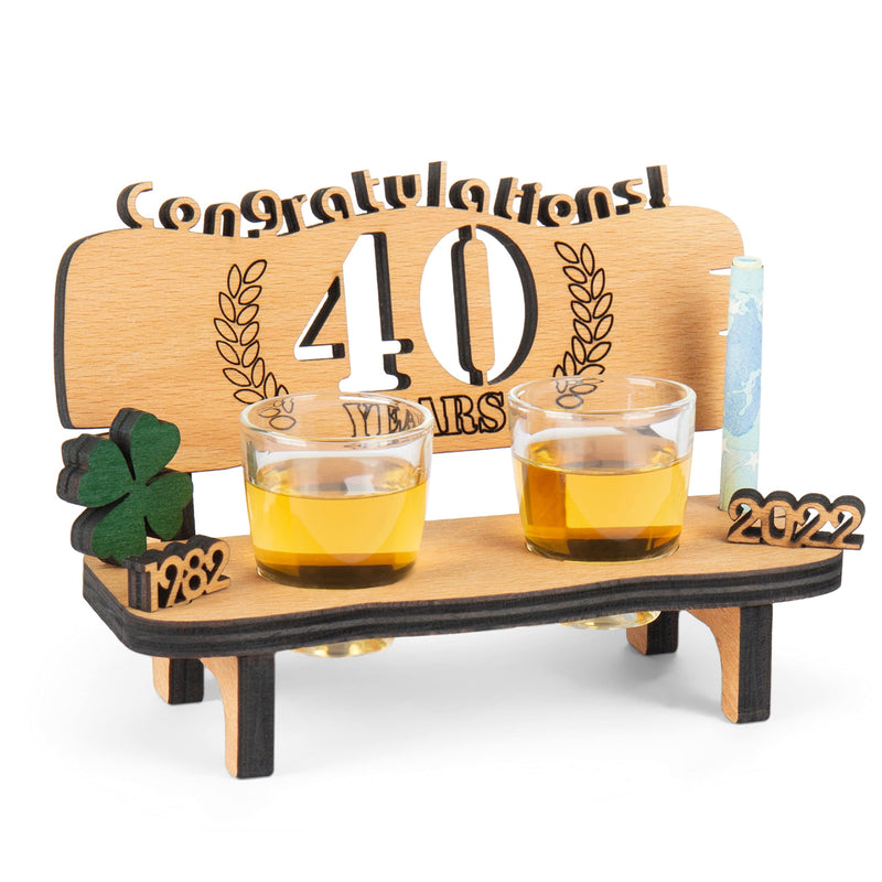 Wooden Bench With Shot Glasses - 40 Engraved (Years Available 10-90) - Original