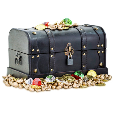 Wooden Treasure Chest  Padlock 12x7x7inch With Coins Jewelry