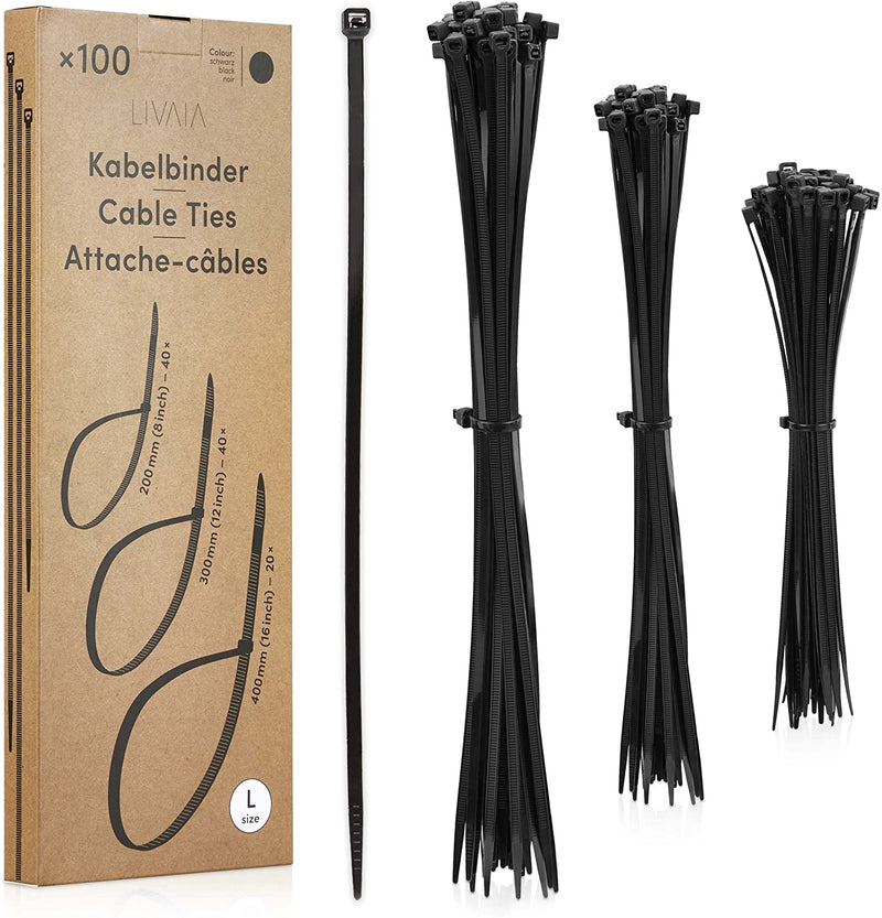 Cable Ties Black: 100X Black Cable Ties 3 Sizes 200Mm, 300Mm, 400Mm Long Cable Ties