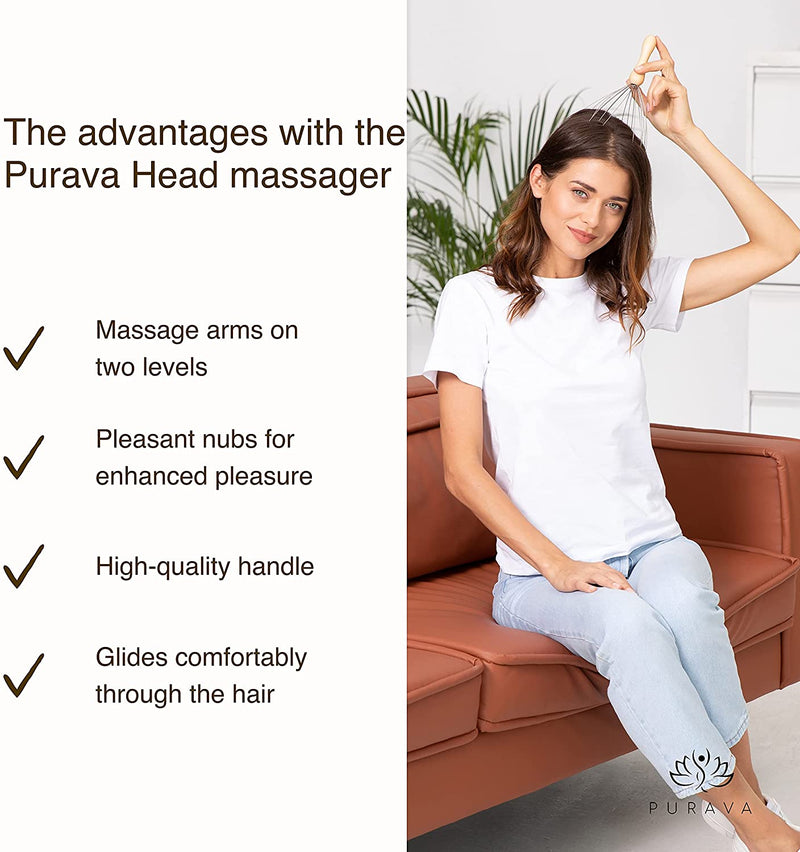 Purava Head Massager With Wooden Handle - Portable Massage For Stress Relief And Body