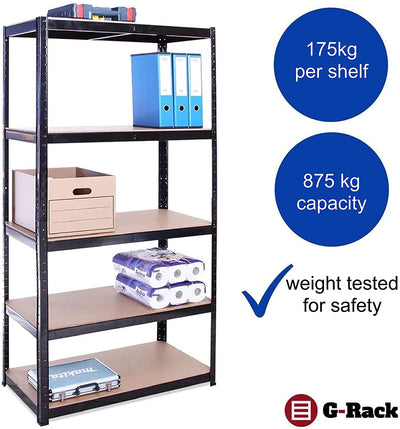 G-Rack Garage Shelving Units - 5 Tier Metal Storage Shelves - Black Utility Rack For Shed