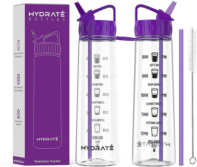 Hydrate Tracker 900Ml Straw Water Bottle - With Motivational Time Markings, Bpa-Free