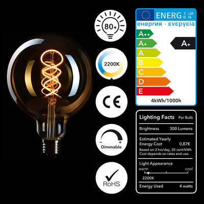 Crown Led Edison Light Bulb E27 Socket | Dimmable, 4 W, 2200 K Warm White, 230 V, El20