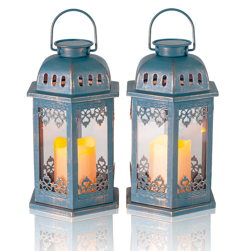 Solar Lanterns 2 Pack Blue - Hanging Solar Lights With Flickering Candle Led