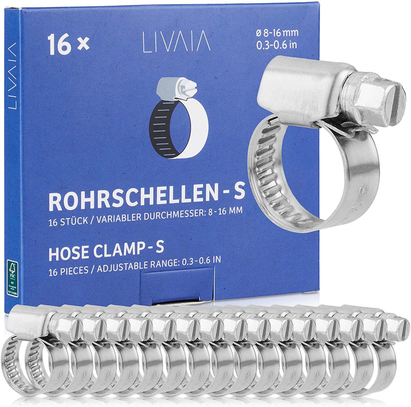 Hose Clamp Set: 16X Stainless Steel Hose Clips Adjustable 8Mm, 0.3In To 16Mm, 0.6In
