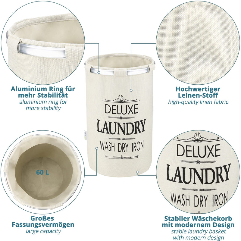 Round Laundry Basket Set Grey  2x Linen Laundry Storage Bags With Aluminum Ring